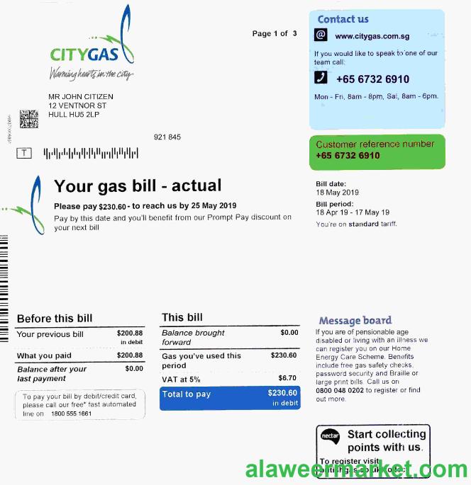 Singapore City Gas utility bill template, fully editable in PSD format